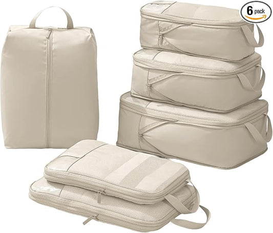 Compression Packing Cubes for Travel - Double Zipper Luggage Organizer Bags for Suitcases (6-Pack, Beige) by OKAKA