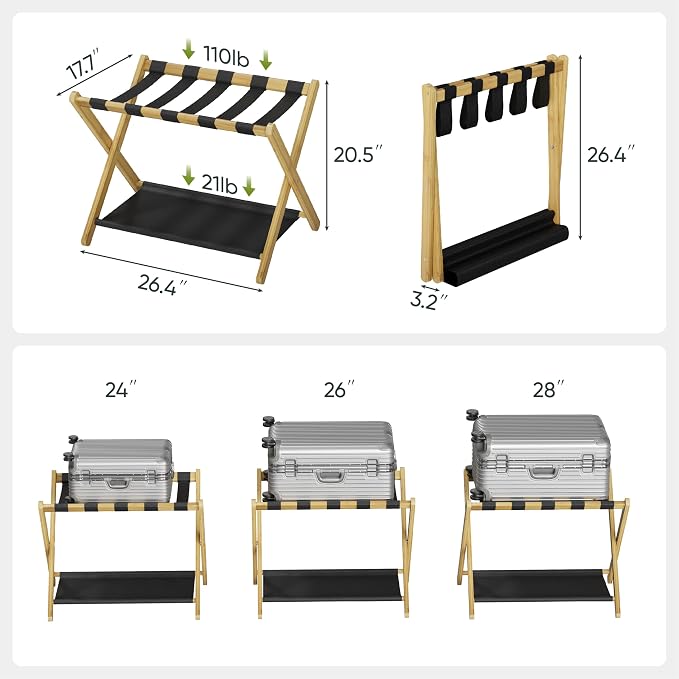 Smart FENDEE Luggage Rack, Folding Luggage Rack for Guest Room, Bamboo Suitcase Stand Holds up to 131 lb, Luggage Stand with Storage Shelf for Hotel, Bedroom (1 Pack) - Image 3