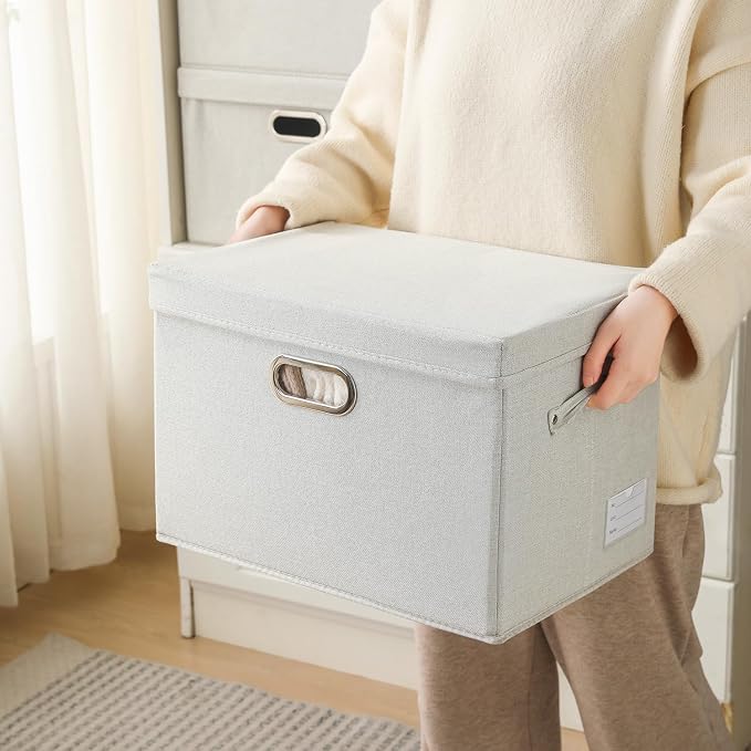 PRANDOM Collapsible Storage Bin with Lid [5-Pack] Fabric Foldable Storage Box Organizer Container Basket Cube with Cover for Home Bedroom Closet Office Beige(15.3x10x9.7) - Image 6