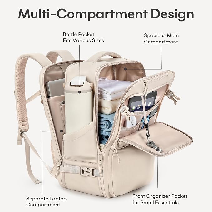 mibasies 40L Travel Backpack for Women & Men: Carry On Luggage Flight Approved, TSA Laptop Backpack with Water Bottle Pocket, Personal Item Bag Fits 17" Laptop for Weekender Business - Beige - Image 4