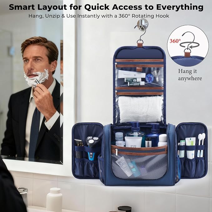 Ralnitote Large Hanging Toiletry Bag for Men, Travel Bathroom Bag with Hook, Hygiene Bag Organizer for Shower, Shaving & Grooming Essentials, Navy - Image 3