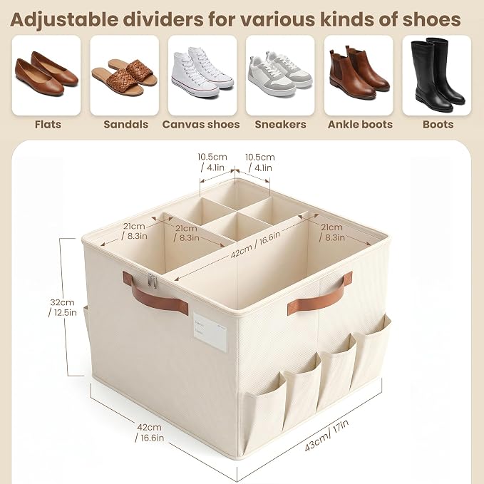 Varhomax Shoe Organizer Box for Closet, Fabric Shoe Storage Bin with Adjustable Dividers & Clear Cover, Holds up 16-32 Pairs of Sneakers & Sandals for Entryway, Cubby - Image 3