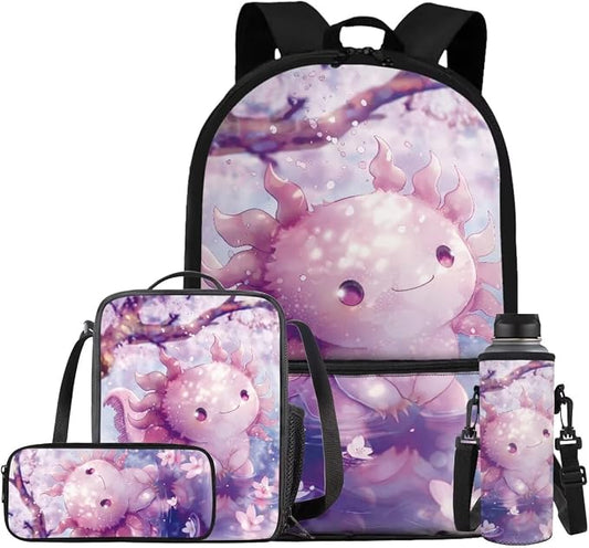 Cherry Blossom Axolotl Backpack for Girls Kids Backpack with Lunch Box Water Bottle Pouch and Kawaii Pencil Case 4PCS Set Cute Bookbag with Front Pocket 17" School Bag for Elementary Girls by ELEDIZI