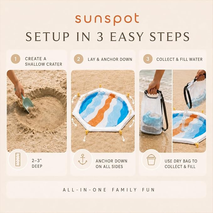 SUNSPOT 5ft Kids Beach Pool – Portable In-Ground Sand Liner with 8 Anchors, Fun Filling Bucket & Travel Carry Bag. The Ultimate Pop-Up Wading Splash Pool for Toddlers and Infants (Funky Waves) - Image 6