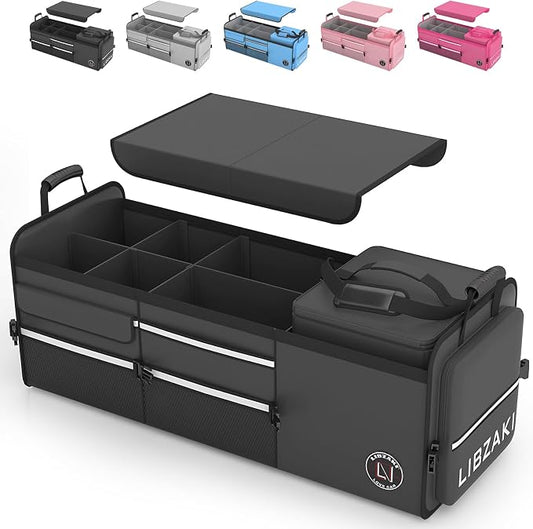 LIBZAKI Oversize 4 in 1 Car Trunk Storage Organizer, Multi Compartment Collapsible Trunk Storage Box with Cooler Bag for Car Truck SUV-Black by LILIBZAKI