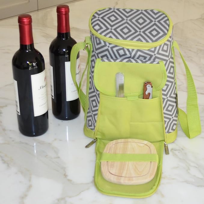Picnic at Ascot Stylish 2 Bottle Insulated Wine Tote Bag With Cheese Board, Granite Grey/Green - Image 2
