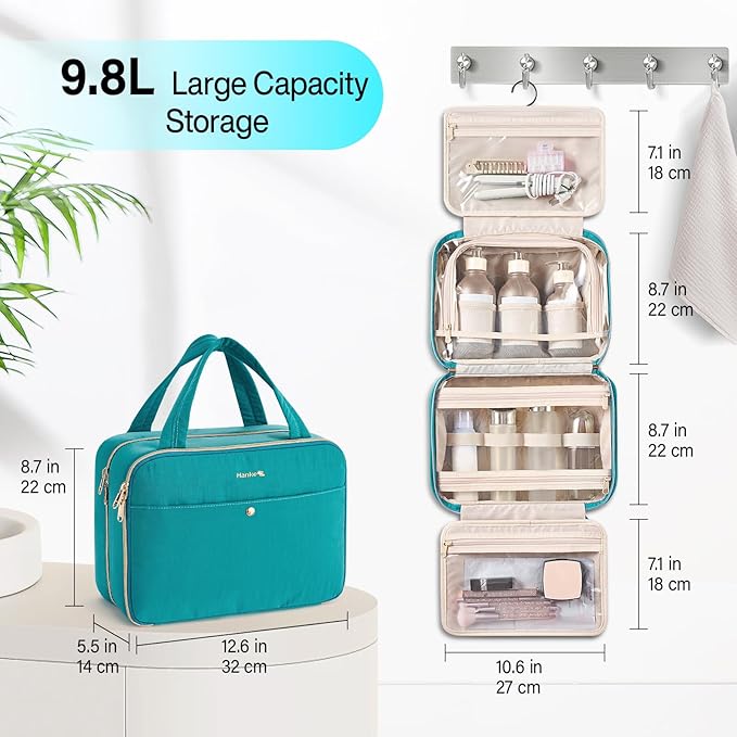 Hanke Hanging Travel Toiletry Bag with Jewelry Organizer, Turquoise Green | Large Capacity, Holds Full-Size Bottles, Water & Stain Resistant, 360° Swivel Hook, Trolley Sleeve, Women's Makeup Organizer - Image 2