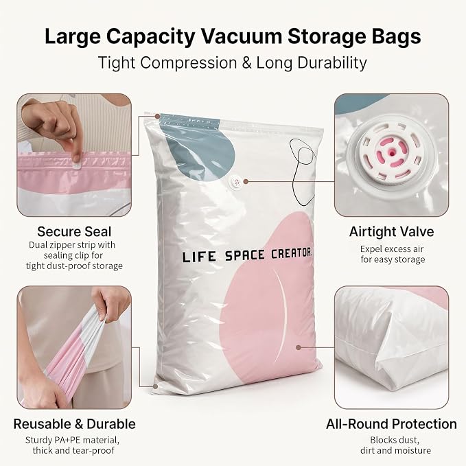 5PCS No Pump Vacuum Storage Bags, No Pump Large Vacuum Storage Compression Bags, Thick Airtight Reusable Organizer for Clothes Comforters Travel Moving Closet Storage (L) - Image 3