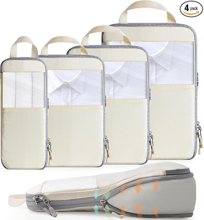 Cozary Suitcase Organiser Packing Cubes Compression Pack of 4 - High Capacity Travel Essentials For Hand Luggage, Suitcase And Backpack - Beige by Cozary