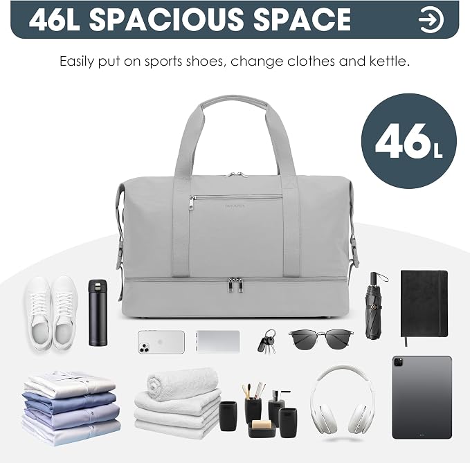 Oeihuivt Weekender Bags for Women - 21 Inch Large Travel Duffel Bag with Shoe Compartment, Heavy-Duty Canvas Leather Carry On Overnight Tote, Lightgray - Image 6