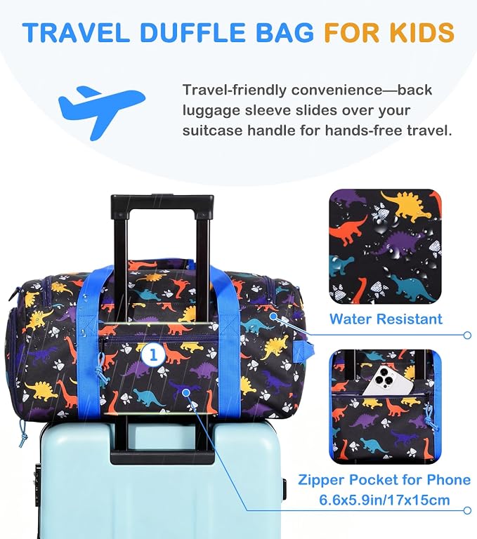 Kids Duffle Bag,VASCHY Travel Bag for Boys Water Resistant Overnight Duffle Gym Sport Dance Bags with Shoes Compartment Dry and Wet Pocket Carry On Weekender Bag Blue Dinosaur - Image 5