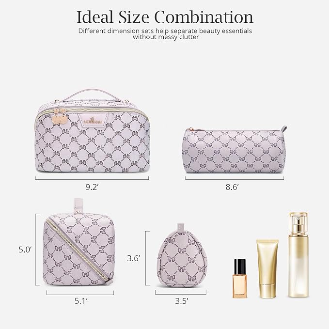 Travel Makeup Bags for Women: 3 Pcs Set Luxury Bow Print Make up Bag - Large Capacity Cute Cosmetic Case - 3–15 Day Travel Toiletry Organizer Bag, Comes with An Gift Box(Moon mist gray) - Image 6