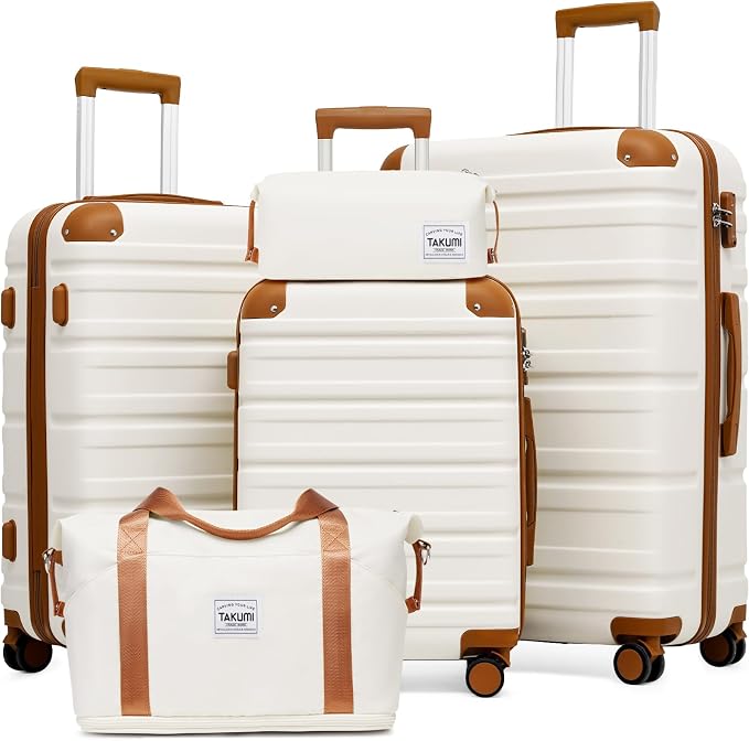 TAKUMI Luggage Sets 5 Piece Lightweight Carry On luggage with Duffel Bag ABS+PC Hardshell Suitcases with YKK zippers Double Spinner Wheels Travel Luggage with TSA Lock(WHITE BROWN, 5 PIECE SET) by TAKUMI