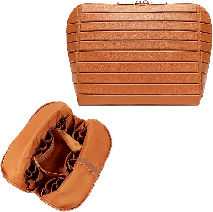 Travel Makeup Organizer Bag with Fold-Down Design and Adjustable Dividers, 27 Pockets & 3 Brush Storage Holders, Large Capacity Cosmetic Bags Toiletry Case - Brown by Unknown