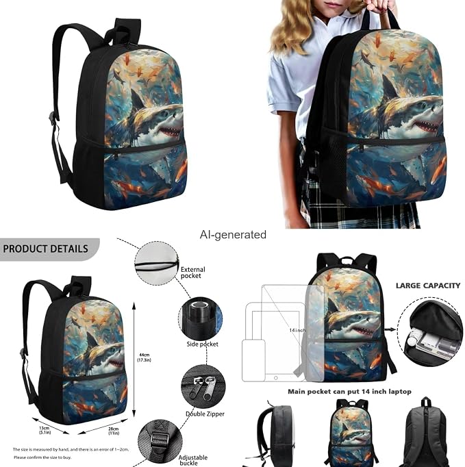 Shark Backpack for Boys Kids Backpack with Lunch Box Water Bottle Holder with Strap and Soft Pencil Case 4PCS Set Sturdy Bookbag with Front Pocket for School 17 inch Large Capacity School Bag - Image 3