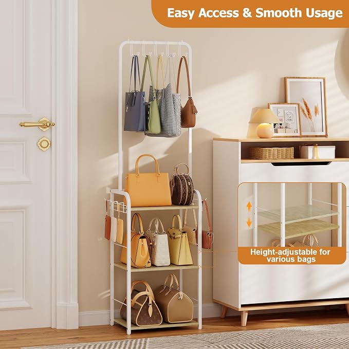 Hayexiha Tall Purse Organizer with Wood Shelves, Heavy Duty Metal Floor-Standing Handbag Storage Rack Stand for Women, Narrow & High-Capacity Bag Hanger Organizer for Closet, Bedroom, Small Space - Image 3