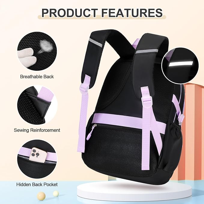 DIGOBAY Backpacks for Girls, 3PCS School Backpack with Lunch Box Pencil Pouch for Teen Girls Children Elementary Primary Middle High College Daypack School bag Bookbag Set（Black-Purple） - Image 4