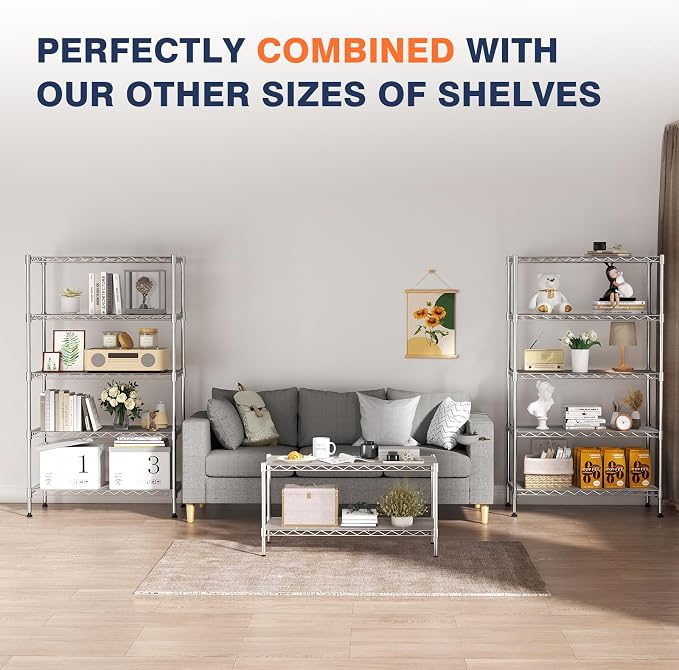 5-Tier Heavy Duty Metal Shelf,Chrome Wire Shelving Unit 35" Wx18 Dx71 H,Height Adjustable Storage Wire Shelves with Lockable Wheels for Garage,Kitchen,Office,Bathroom,Studio - Image 6
