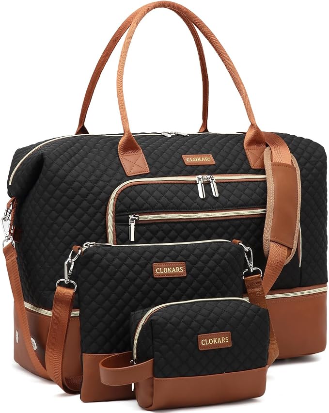 Weekender Bags for Women, Travel Duffle Bag Carry On Overnight Bag with Cosmetics Bag and Crossbody Purse for Gym Hospital, Gifts for Women, Black Brown by Unknown