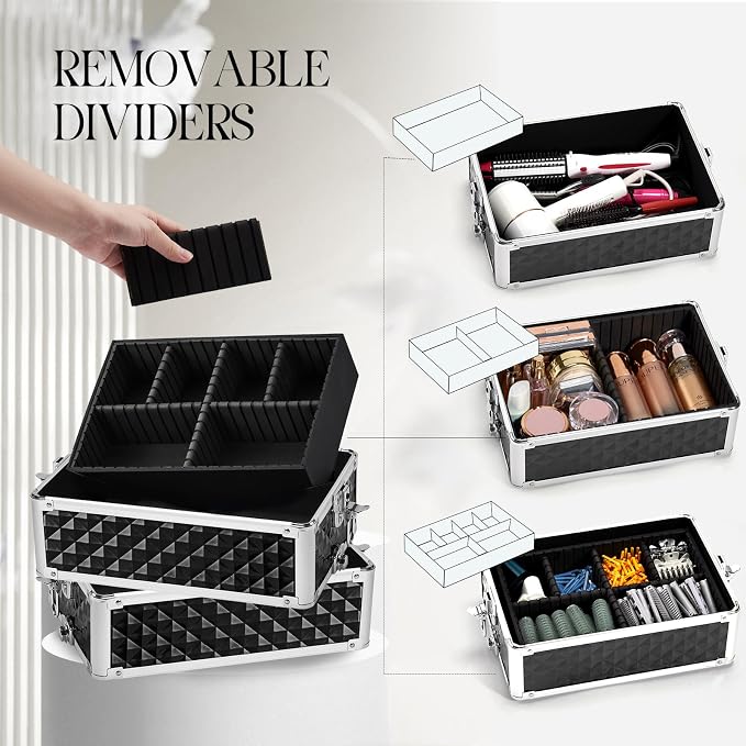 Yueieoun Rolling Makeup Train Case, 4-in-1 Cosmetology Case on Wheels, Nail Tech Cart for Travel, Professional Cosmetic Vanity Case, Suitcase for MUA/Manicure/Tattoo/Style, Lockable Storage Box, Black - Image 3