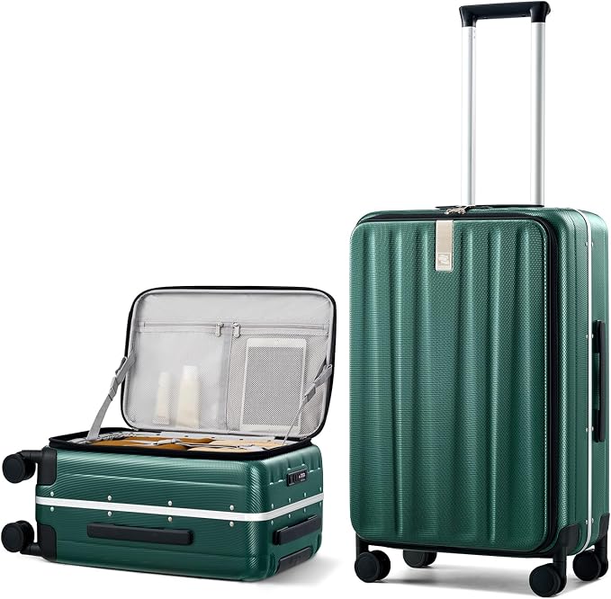 Hanke 24 Inch Checked Luggage Front Opening Rolling Suitcase Hard Sided Luggage with Spinner Wheels Travel Luggagefor Woman Men.(Dark Green) by Hanke