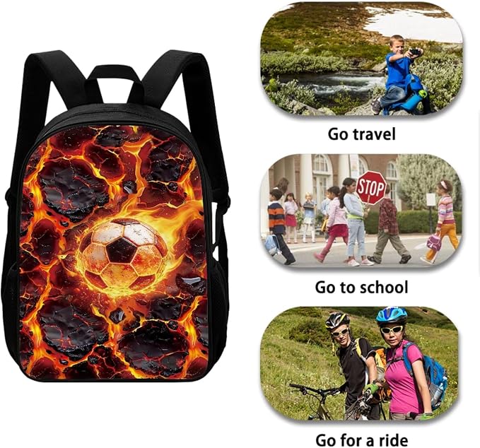 Lava Crack Soccer Ball Print Schoolbag Set, Girls School Large Bookbag Set, Middle Students Backpack with Lunch Box, Boys Knapsack Set Durable, Suitable for School or Travel, Black Red - Image 3