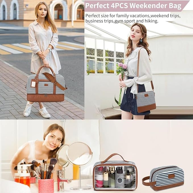 Wogarl 4PCS Weekender Bags for Women Large Overnight Weekend Travel Duffel Carry on Shoulder with Shoe Compartment Canvas Toiletry Bag for Travel Business Gym - Image 2