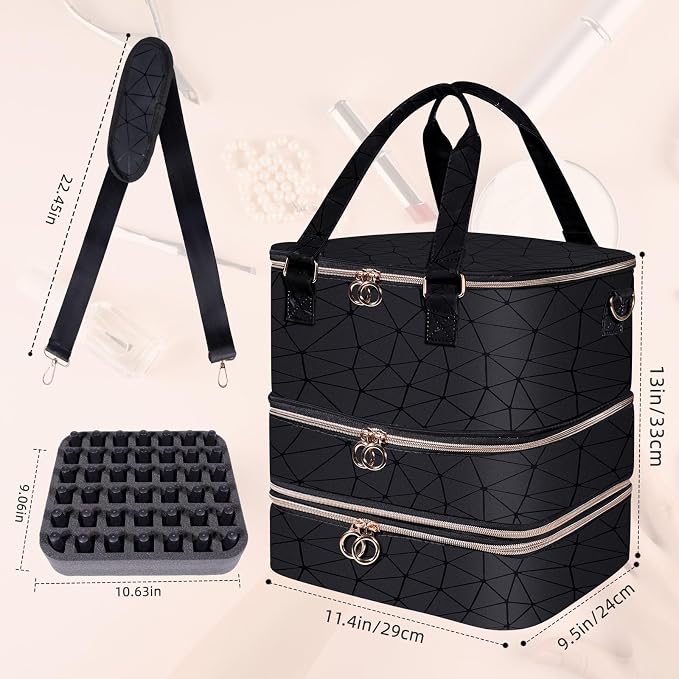Nail Polish Organizer Case,3 Layer Nail Polish Organizer Bag Holds 84 Bottles (15ml/0.5 fl.oz) Nail Supplies Organizer,Nail Bag PU Leather Nail Carrying Nail Kit Supplies Organizer Case (Black) - Image 7