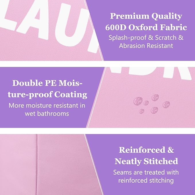 2Pcs 95L Purple + Pink Laundry Basket, Folding Laundry Hampers for Women with Soft Handles, Freestanding Dirty Clothes Basket, Sturdy Oxford Fabric Clothes Hampers for Travel, Dormitory - Image 9
