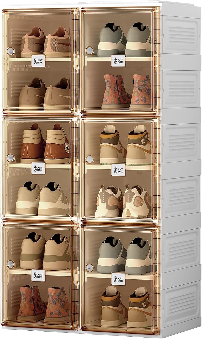 ANTBOX Shoe Organizer Storage Box, Portable Folding Shoe Rack For Closet With Magnetic Clear Door,Large Sneaker Cabinet Bins Sturdy Easy Assembly 6 Layers-12 Grids by ANTBOX