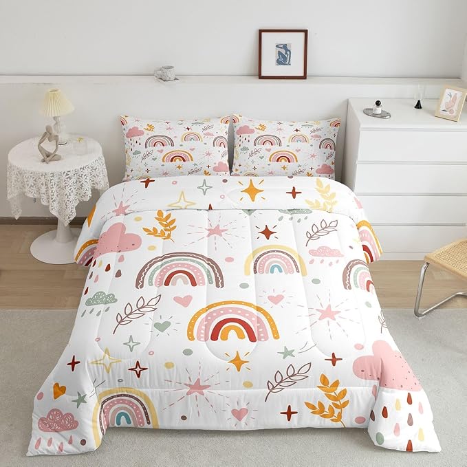 Erosebridal Girls Rainbow Quilt & 2 Pillow Cases, Pink Love Heart Comforter Set Full Size Cartoon Rainbow Bedding Set Kawaii Decor, Hand Drawn Iridescent Duvet Insert for Kids Boys Teens Adult Women - Image 2