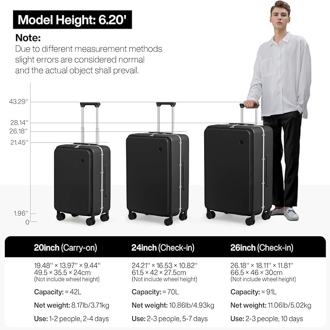mixi 24 Inch Checked Luggage PC Hard Shell Suitcase Top Opening Aluminum Frame Travel Suitcases with Wheels, Blcak - Image 6