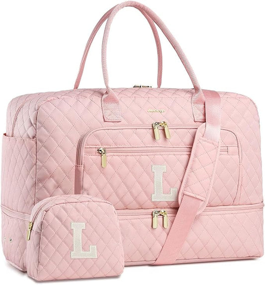 Initial Travel Duffle Bag for Women - Pink Personalized Weekender Bags Overnight Bag with Shoe Compartment & Wet Pocket Weekend Tote Bags with Toiletry Bag Monogram Xma Gifts (Letter L) by LUOCIP