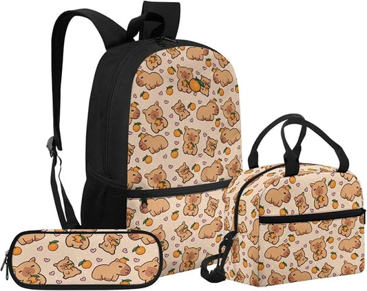 Capybara Orange 3PCS Backpack Set Kids Schoolbag Sets with Lunch Bag Pencil Bag Cute Students Bookbags Girls Boys Lightweight Knapsack Back to School Supplies by Unknown