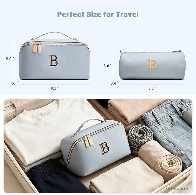 BOYATU Makeup Bag Gift for Women: 3-in-1 Travel Personalized Cosmetic Bag | Initial Make up Bag - Monogram A-Z - Vegan Leather Flat Open Toiletry Organizer - Ideal Gift Set for Birthday Graduation - Image 8