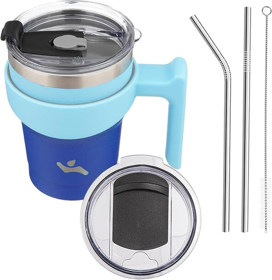 10 oz Tumbler with Handle and 2 Straw 2 Lid, Insulated Water Bottle Stainless Steel Vacuum Cup Reusable Travel Mug,Sky