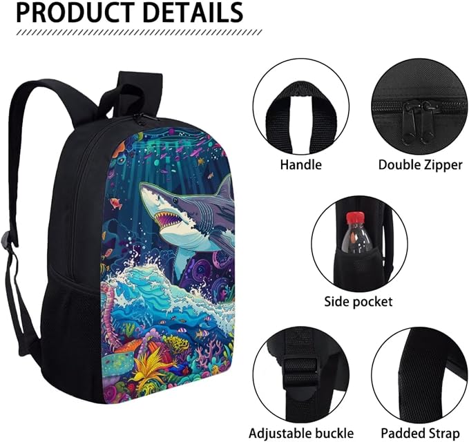 17 Inch Animal Print School Backpack And Lunch Box Set for Kids Lightweight Undersea Shark Backpack for Boys Girls Sturdy School Bag with Insulated Lunchbox Pencil Case Student Bookbag - Image 4
