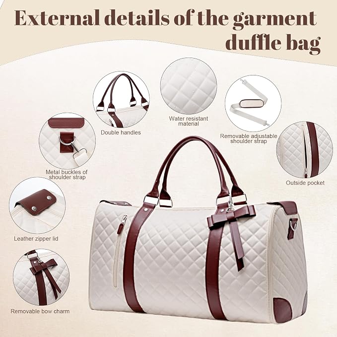 GARPROVM Garment Bags for Travel Women, 3 in 1 Convertible Garment Duffle Bags with Separated Tote Bag, Waterproof Suit Bag Travel Carry On Luggage Weekender Bag for Business Trip, Beige - Image 3