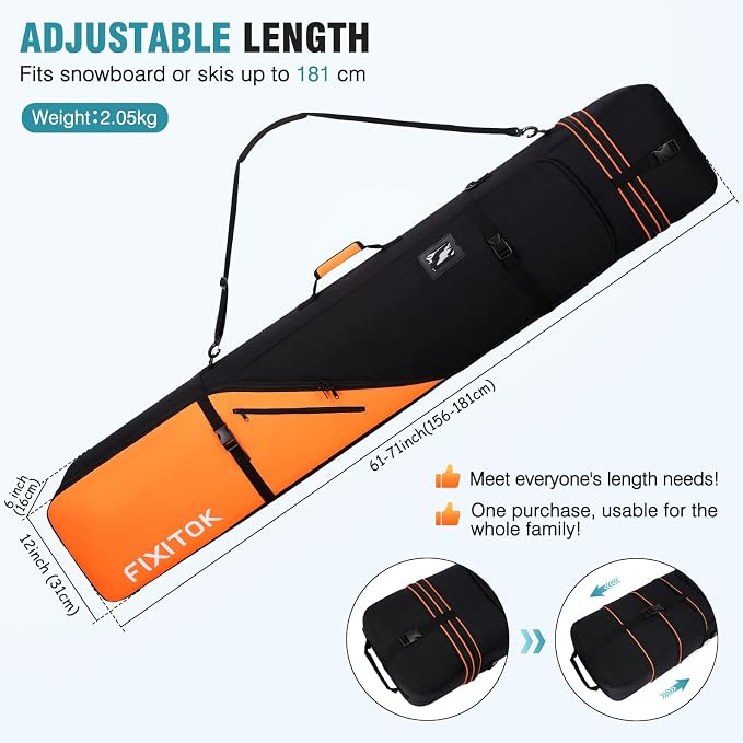 FIXITOK Snowboard & Ski Bag for Air Travel, Waterproof Full Padded Snowboard Bag Fit Board, Boots, Clothes, Helmet and Gear, Adjustable Length Ski Bag(157CM-181CM) - Image 3