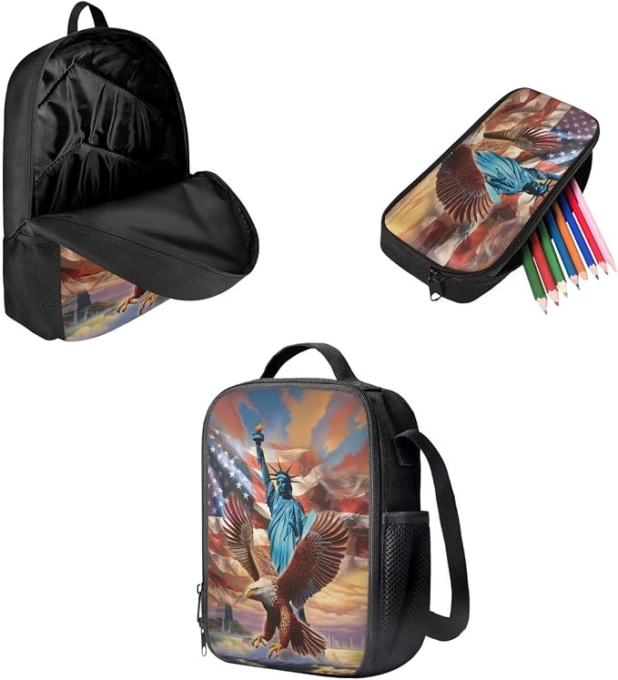 Mumeson Eagle State of Liberty Backpack Schoolbag Set for Teen Kids Lightweight School Backpack with Insulated Lunch Bag Pencase Pencil Bag Storage Bag Organizers Set 3 Pack - Image 2