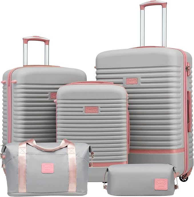 Coolife 5 piece luggage Hardside Set with TSA Lock,Gray Pink(DB/TB/20/24/28) by COOLIFE
