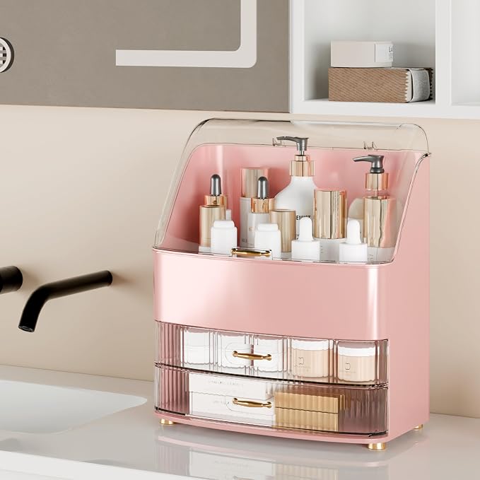 Makeup Organizer Countertop Vanity with Transparent Lid Drawers Waterproof Dustproof Cosmetic Skincare Bathroom Storage Gift for Women Teens Girls (Pink) - Image 4