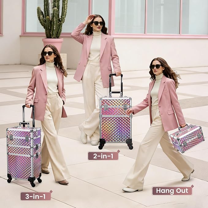 FRENESSA 3 in 1 Rolling Makeup Train Case Cosmetology Case on Wheels Pink | Cosmetic Trolley Large Storage with Keys 360° Swivel Salon Barber Case Traveling Cart Trunk for Artist Hairstylists Nail Tech - Image 4