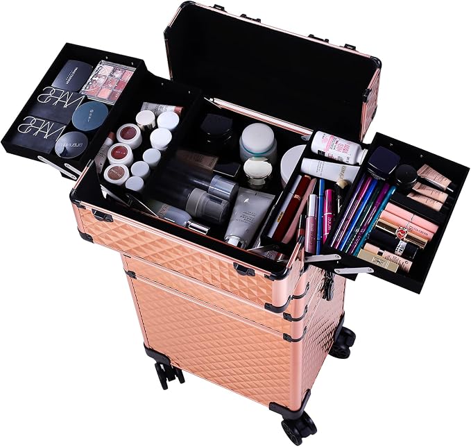 Karl home 4 in 1 Makeup Train Case Rolling Cosmetic Trolley Large Capacity Travel Organizer with Key 360°Swivel Wheels Suitcase for Beauticians Hairstylists Nail Tech Students, Rose Gold - Image 2