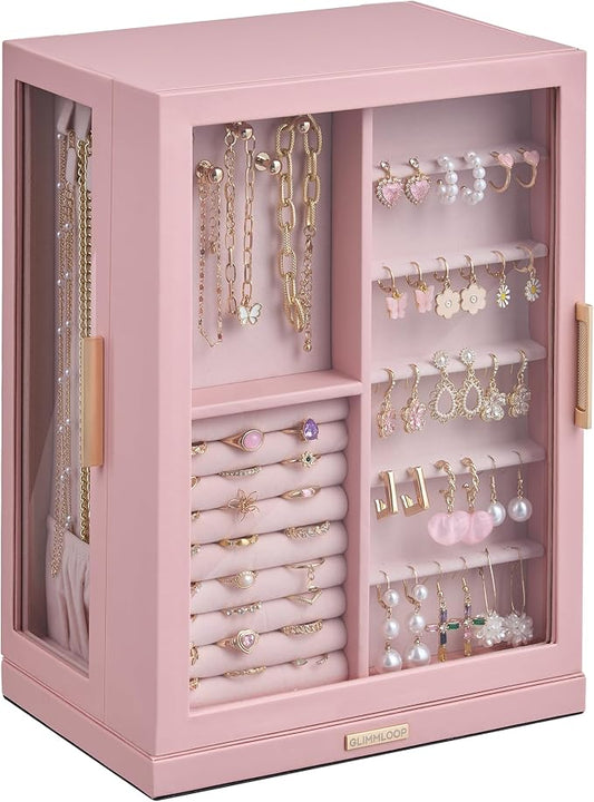 Glimmloop 360° Rotating Jewelry Box with 7 Drawers, Spacious Vertical Jewelry Organizer with Glass Window, Jewelry Storage Case, Dustproof & Moisture-resistant Design, Pink by Glimmloop