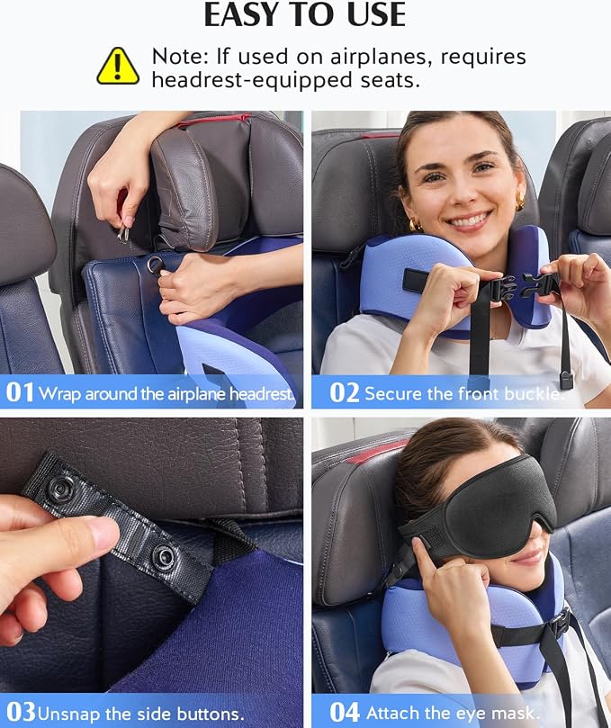 YFONG Travel Pillow for Long Flights, Patented 360° Ergonomic Sleeper Hold Head Support System with Memory Foam Neck Pillow & 3D Sleep Mask, Prevent Head Bobbing for Airplane & Road Trip, Blue - Image 7