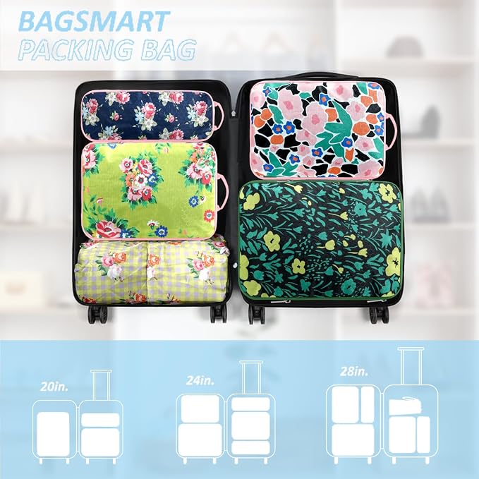 7 Piece Travel Compression Packing Cubes - Gingham Floral | Foldable Toiletry Kit, Efficient Suitcase Packing, Carry-On Compatible Travel Essentials with Lovely Flower Print, Green - Image 5