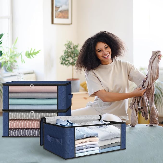 HomeHacks Storage 6-Pack Clothes Organizer Storage Bags Foldable Storage Box with Large Clear Window Sturdy Handles for Closet, Dorm, Pillows, Bedding, Clothes, Blankets, 35L, Blue - Image 7
