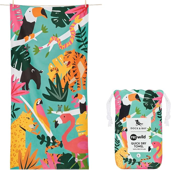 Dock & Bay Beach Towel - Quick Dry, Sand Free - Compact, Lightweight - 100% Recycled - Includes Bag - Wild Things - Extra Large (200x90cm, 78x35) by DockBay