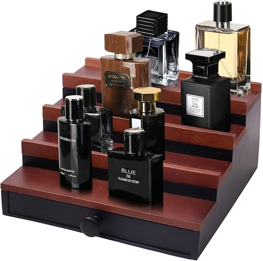 4 Tier Men's Cologne Organizer, Wooden Stand with Drawer Storage, Two Tone | Cologne Shelf and Rack, Perfume Tray, Hidden Storage, Countertop Dresser Display, Birthday Christmas Gift for Men by FENGLIGOO